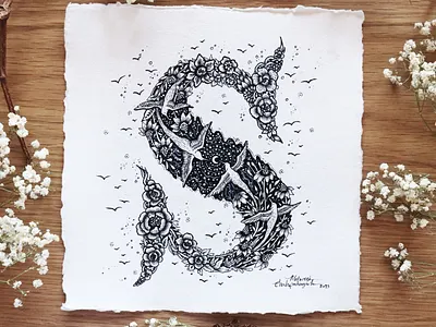 Letter ''S'' alphabet art birds botanical branding design drawing flowers graphic design handmade illustration letter lettering logo moon nature night sky scene typography