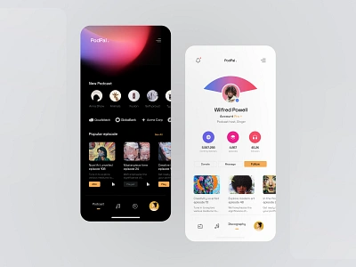 PodPal - Your Podcast Universe account app application dark design discography episode follower landing light listen master card music play player podcast profile ui user interface web