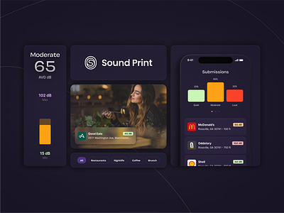SoundPrint Native App Exploration android animation branding data visual decibles ios levels list music native apps noise product design search sound sound measurment tabs ui venues