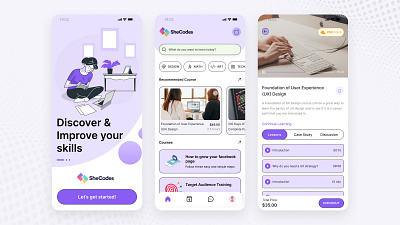 SheCodes Online E-Learning - Mobile App app clean course design e learning education figma lacture mobile app modern design new concept online course onlineschool product product design shecodes skills ui ux video