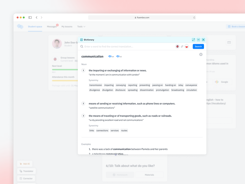 Fluentbe - Dictionary language tool account dashboard language learning modal na navigation online school profile results student tools webapp