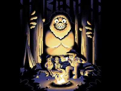Sasquatch bigfoot brush camping character design creature creepy fire forrests illustration legend light muti northamerica purple sasquatch scary spooky stories texture yellow