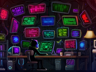 Hacker Workstation 2 ☠️ anonymous character design code computers criminal cyber security cyberattack cybercrime cyberpunk developer game game art hacker hud illustration internet matrix security setup workstation