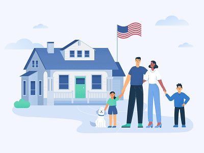 Happy American Family 2d america american building cartoon character children dog family flat design happy home house housewarming illustration parents people smilling together vector