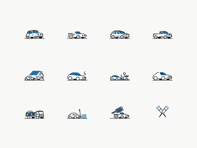 Insurance Icons Part 4 4x4 bodily injury breakdown car and home car rental collision comprehensive illustration illustrator jeep mini pick up property damage rental simple sports car towing truck ui illustration