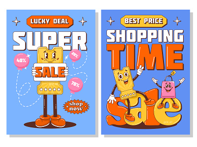 2 retro groovy sale posters with discount coupon character. 90s