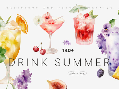 DRINK SUMMER Watercolor Cocktails & Drinks beverages cocktails design drinks illustration menu design summer watercolor watercolor cocktail