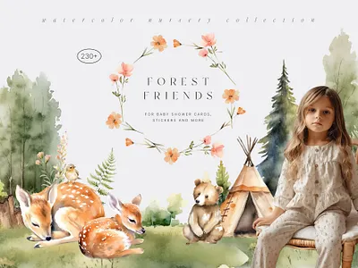 FOREST FRIENDS Watercolor Woodland Collection animals baby flowers forest illustration nursery watercolor watercolor animals woodland