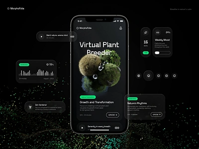 Meditation App Concept ami lupasco app bread charts concept design emotions garden green harmony meditation mindfulness mood nature product relax ui ux widgets zen