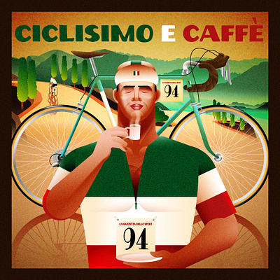 Caffeine works for cyclists art deco coffee cycling illustration italy poster symmetric vintage vintage bicycle vintage cycling jersey vintage poster