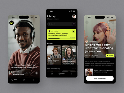 Masterclasses App class content dark mode dark theme education interaction learning library masterclass minimalistic play video