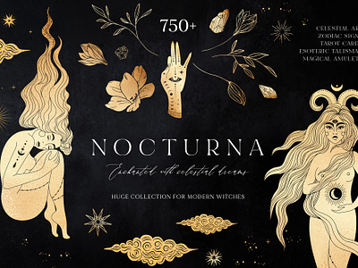 NOCTURNA Huge Magical Collection astrology branding celestial esoteric gold foil graphic design illustration magic mystical mythology spiritual tarot tarot desk zodiac signs