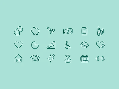 Evolution of Benefits Icons brain calendar education finance flat heart illustration leaves money savings