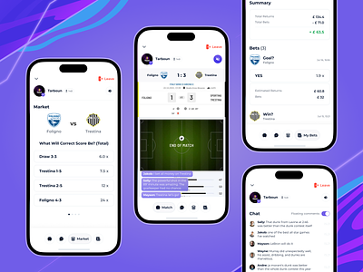 StreamBetX. Smart betting with sport DJ animation app betting cards chat comments design figma football match navigation score sport stream ui ux