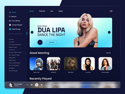 Music Player Dashboard blue conceptdesign dashboard dashboardmusic design monochromatic music musicplayer ui uidaily ux