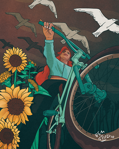 Sunflower Scene adobe fresco bicycle character art character design comic comic artist digital art graphic art graphic design illustration perspective sunflowers