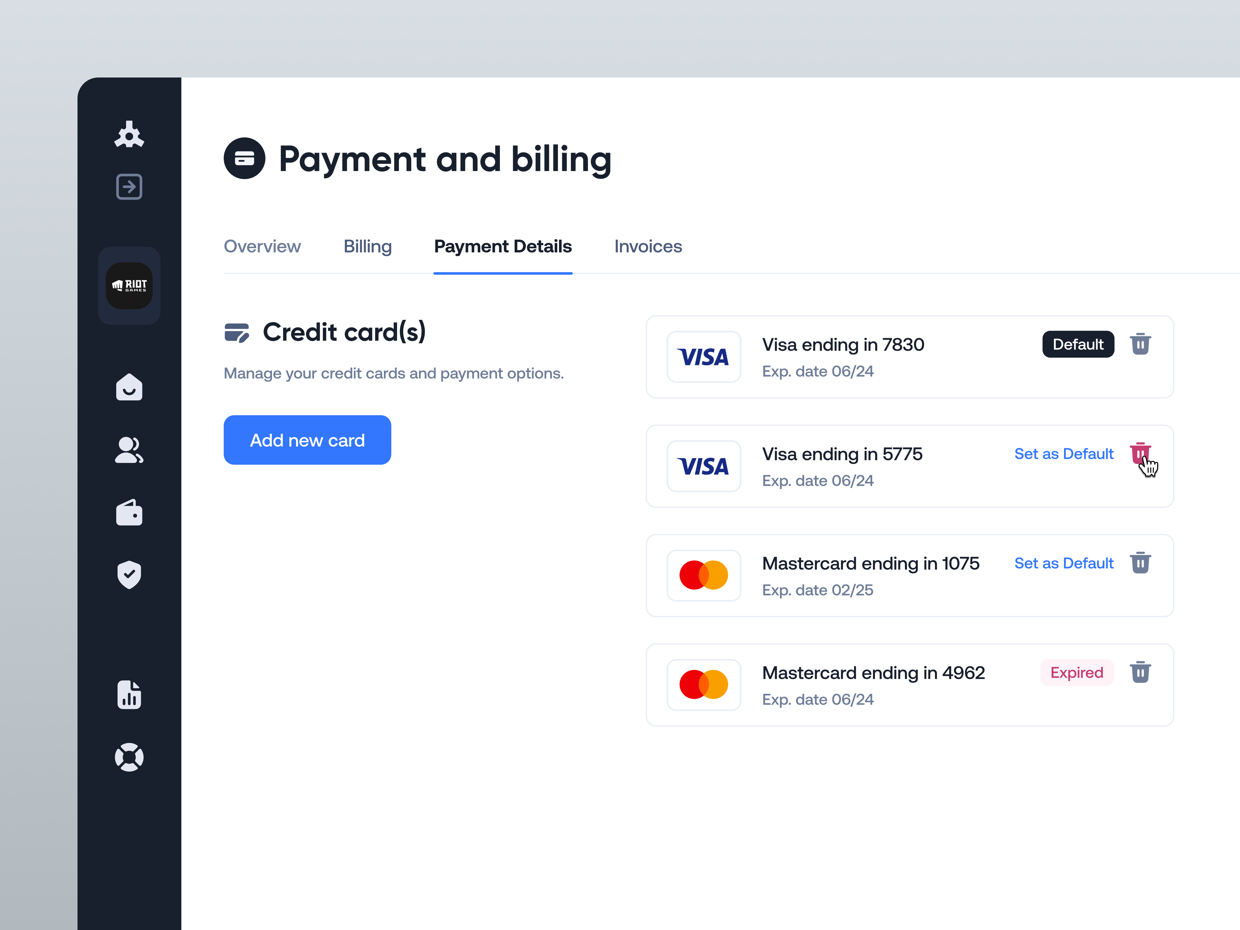 NFTs Management Platform · Payment Details billing cards credit card design system labels list menu modals money navigation payment payment methods plan popover popup saas sidebar subscription table tabs