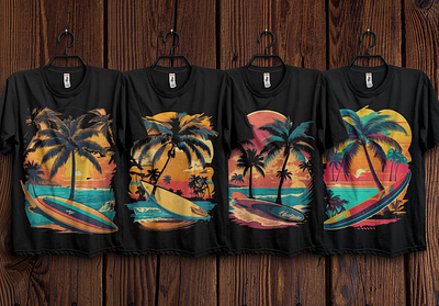 Retro surfboard design with vibrant colors and palm trees beach branding clothing custom design graphic design illustration merchandishe nature retro sports summer trendy tshirt typography vector vintage