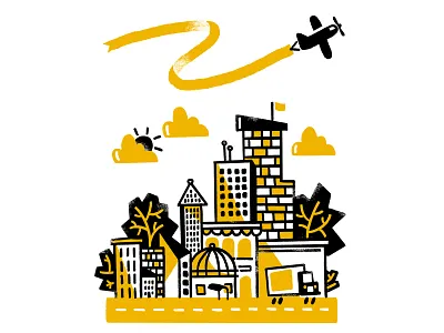 Livin' in the (tiny) City airplane black buildings city clouds illustration plane road seattle sky skyscraper smith tower street tiny town trees truck village yellow