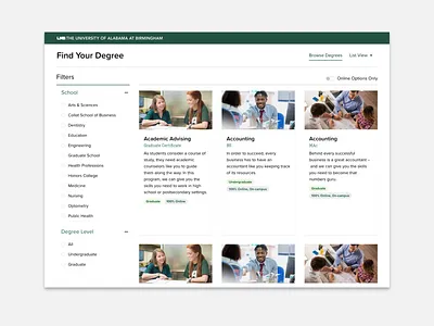 University Degree Portal UX Design clean degrees education filters grid layout higher education interface layout minimal portal product design school students ui university user experience ux ux design web website design