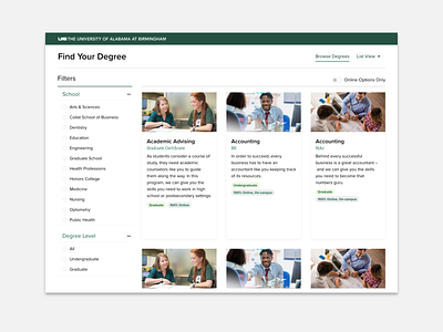 UAB Degree Portal UX Design clean degrees education filters grid layout higher education interface layout minimal portal product design school students ui university user experience ux ux design web website design