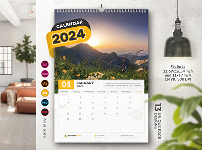 Wall Calendar 2024 Template Design branding calendar template graphic design indesign stationery