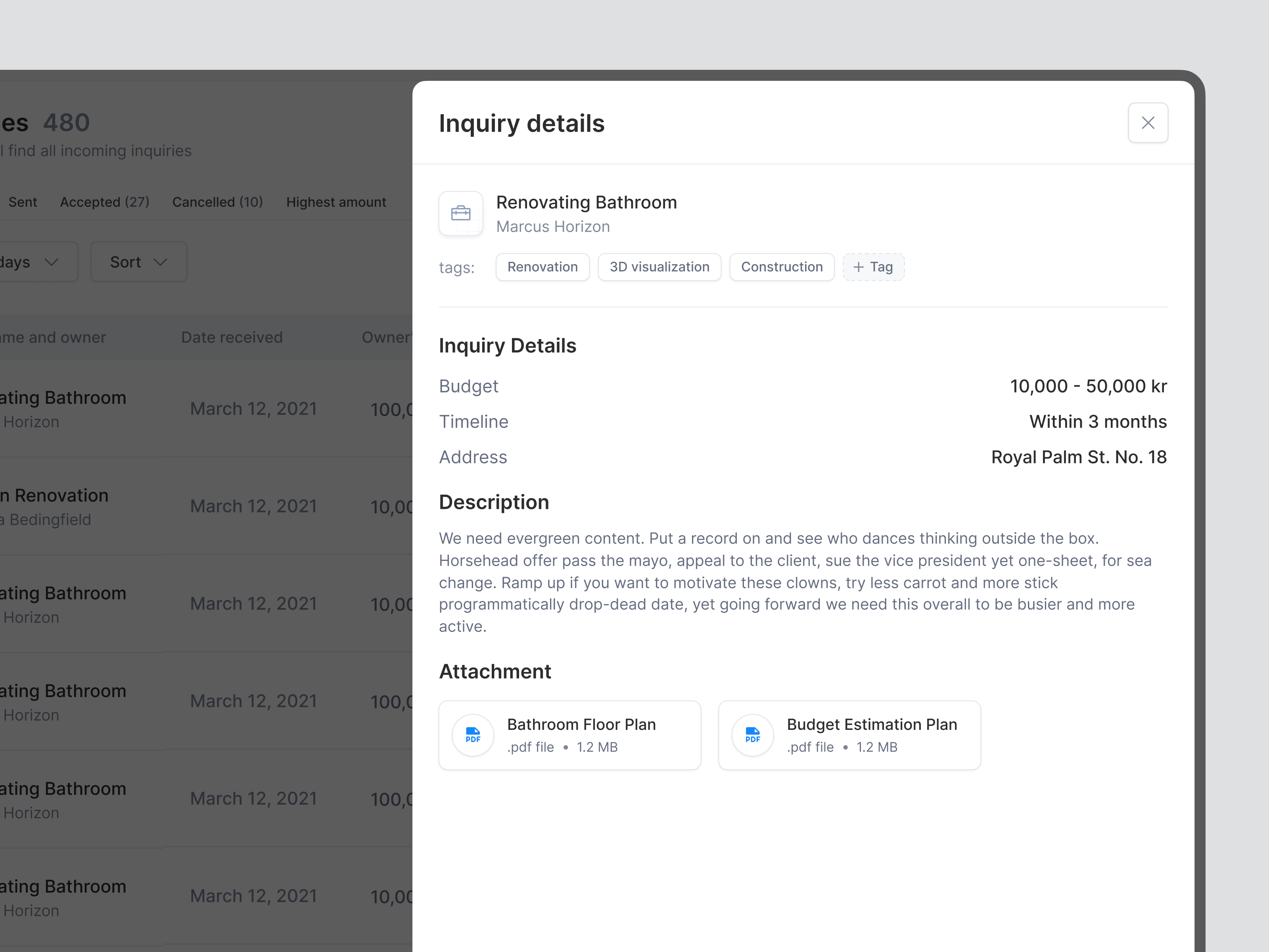 Inquiry List – House Renovation Services. admin dashboard backend dashboard dashboard house renovation service inquiry list list table ui uidesign ux uxdesign web app web application