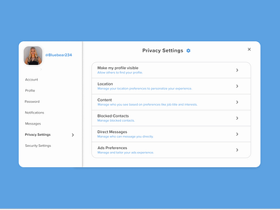 Settings - Daily UI #007 challenge dailyui dribbble newdesigner privacy privacysettings settings socialapp socialmedia ui