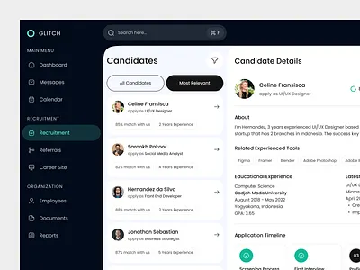 Glitch - AI-Powered Dashboard for Helping Human Recruitment ai ai dashboard ai design artificial intelligence business company dashboard dashboard hiring hr dashboard job post machine learning management dashboard product recruitment dashboard saas sidebar ui ui design ux web design
