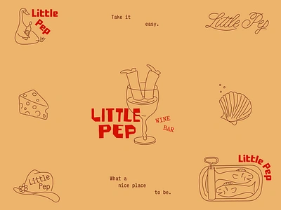 Little Pep Wine Bar bar branding cheese clam fish goose hat identity illustration lettering logo restaurant script typography wine