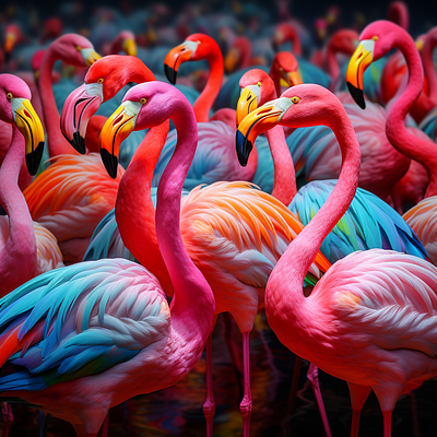 A Flock of Multi-colored Flamingos striking.