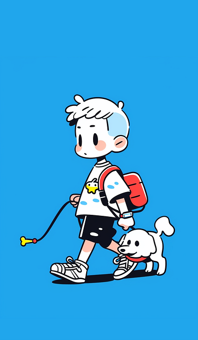 Cute cartoon boy leading a dog dall e
