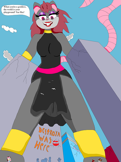 Destroya Looming Over Everyone anthro character deity dress evil fantasy furry giantess girl goddess kaiju mobian rats rodent sonic supernatural superpowers vermin villainess woman