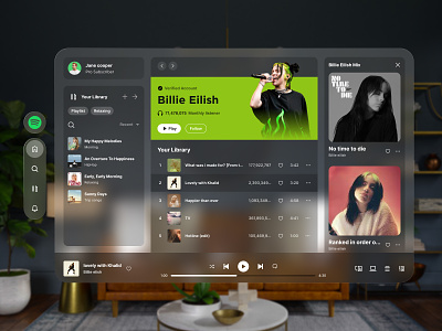 Spatial interface for Spotify Music dark ui design glass ui music music ui music web spatial spatial interface spotify spotify music spotify music web ui ui design