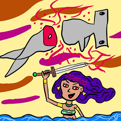 Mermaid Defeating a Shark illustration
