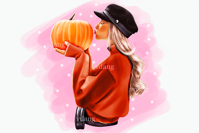 The beautiful girl kisses the pumpkin. artist draw graphic design halloween illustration sticker