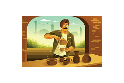 Indian Man Making Masala Chai Tea Illustration brewing