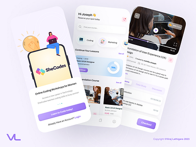 SheCodes - 📱 App version of an Evalutionary E-Learning Platform career colorful courses design educatedwomen elearning empowered women figma initiative interactivedesign intuitive mobile app online learning ui user experience userinterface ux viraj lathigara