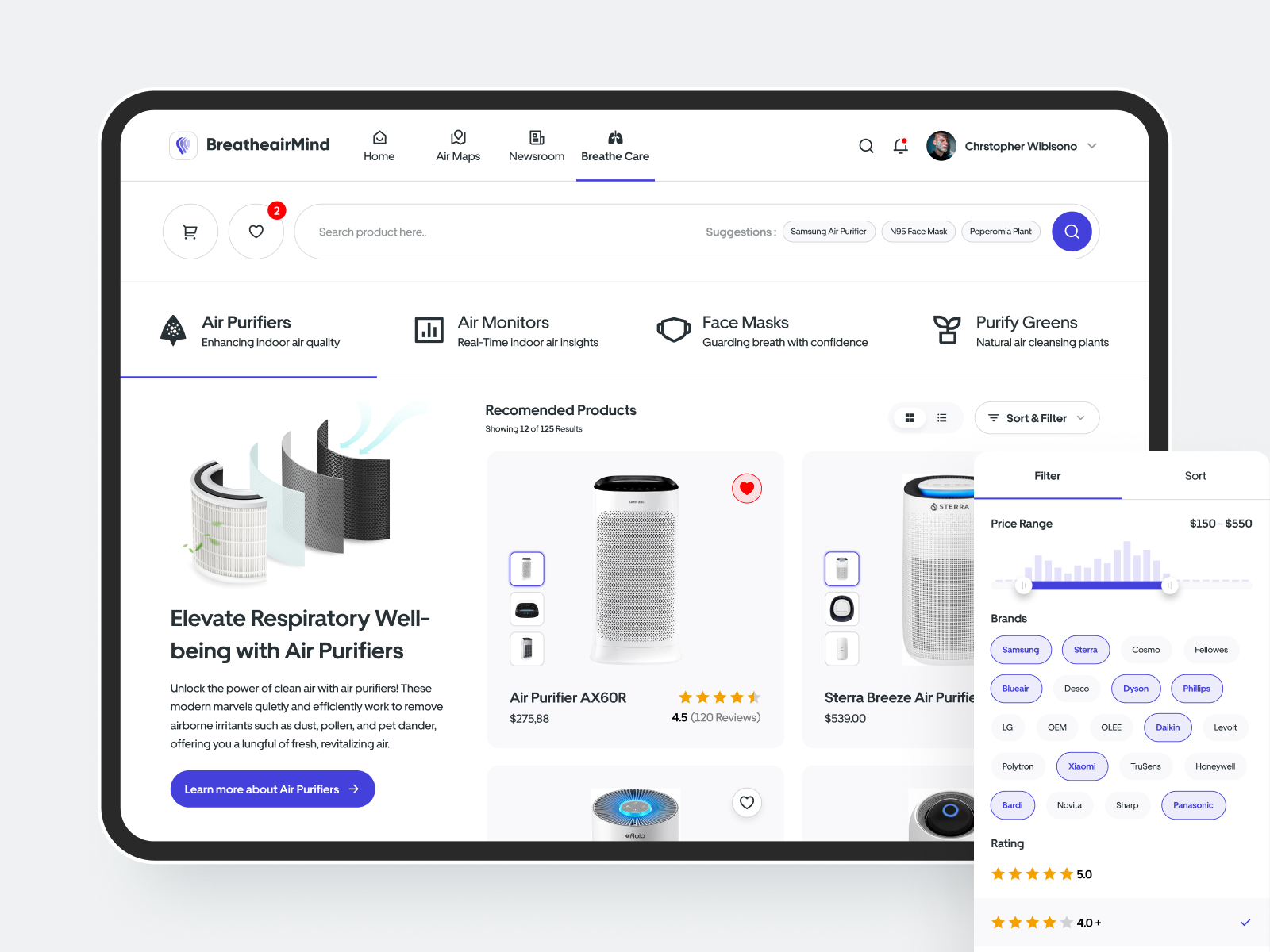 BreatheairMind - Air Quality Monitor - Breathe Care air monitor air purifier air purifiers breath buy cart category clean dashboard education face mask filter minimal pop purify greens rating shop solutions store ui