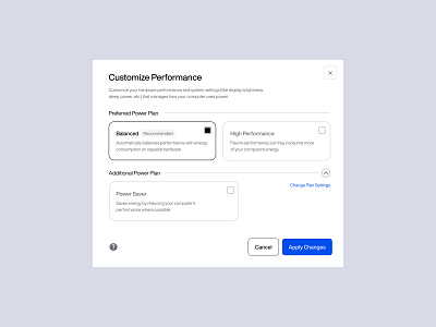 Performance Modal app buttons clean components design design system figma iconography icons interface landing page minimalist modal performance platform power settings ui ui design ui kit