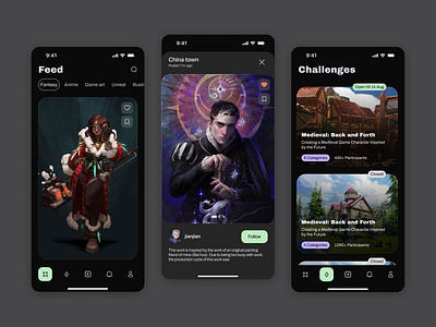 Digital Artspace App app design art space community dark mode dark theme digital art fantasy feed home ios mobile mobile app modern ui