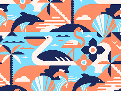 Tropical Sea Seamless animals birds dolphin fish flamingo geometric illustration islands ocean palm paradise pattern pelican sea seashell summer travel tropic vacation vector