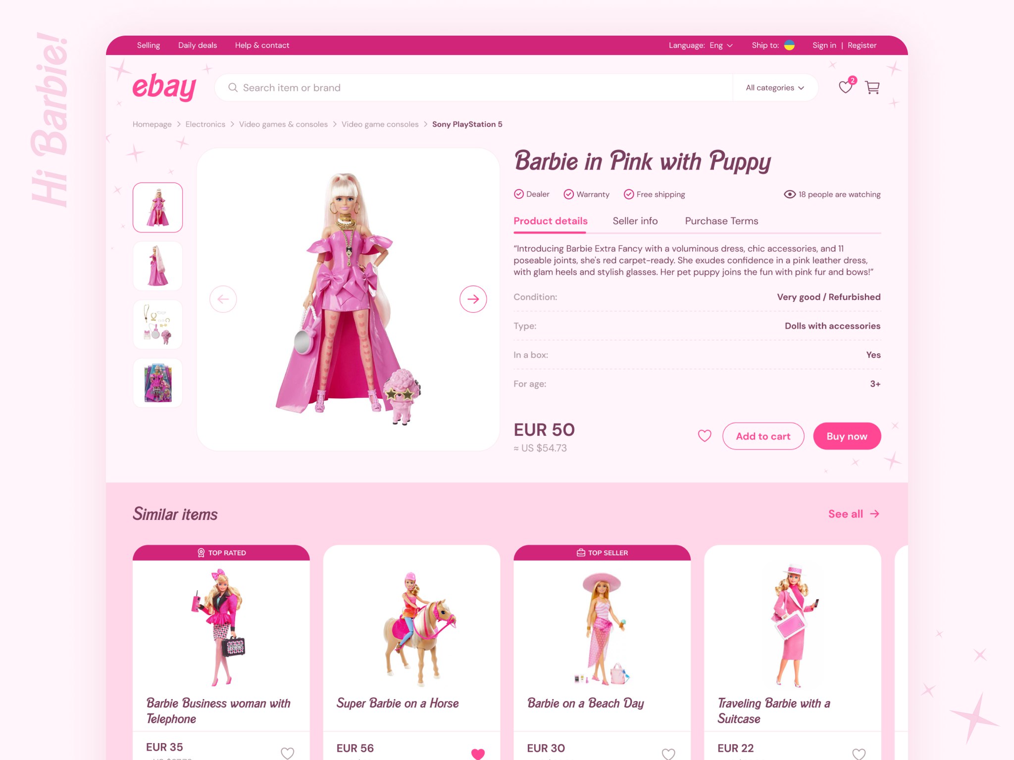What if Ebay changed its UI when searching for a Barbie?..🤔💕🦄 barbie e commerce hi barbie pink product card product page ui