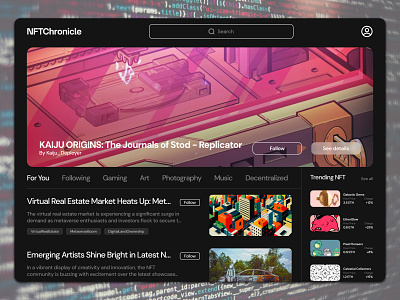NFTChronicle - NFT News Web Design Exploration blacktheme blockchaincreativity clean ui cryptocollectibles darkaesthetics design digitalartistry digitalcollectibles ethereumblockchain ethereumtech illustration nftcommunity nftdesign nftinnovation openseaart openseamarketplace simple ui webnftexploration