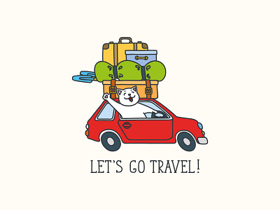 Funny cat traveller 2d camping car card cartoon cat character cute doodle funny illustration summer tourism travel traveller vacation vector