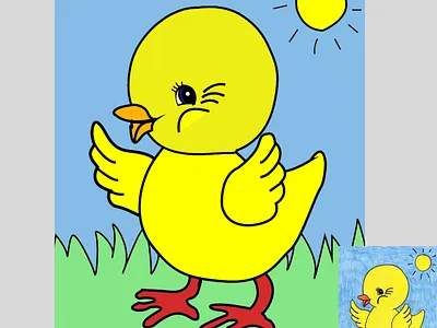 Little Chick Illustration with Sun and Grass