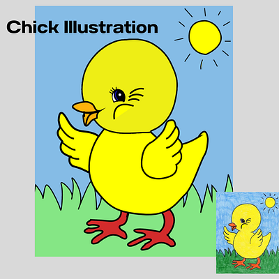 Little Chick Illustration with Sun and Grass