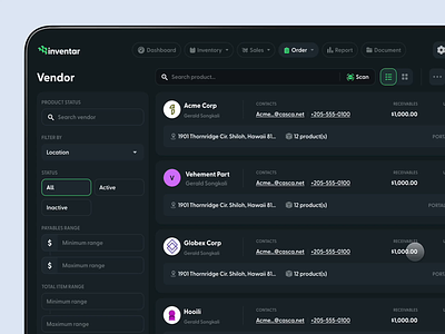 Inventar - Inventory Management - Vendor Details animation app chain dashboard design erp inventory management order product productdesign purchasing saas supply transaction ui ux vendor warehouse web design