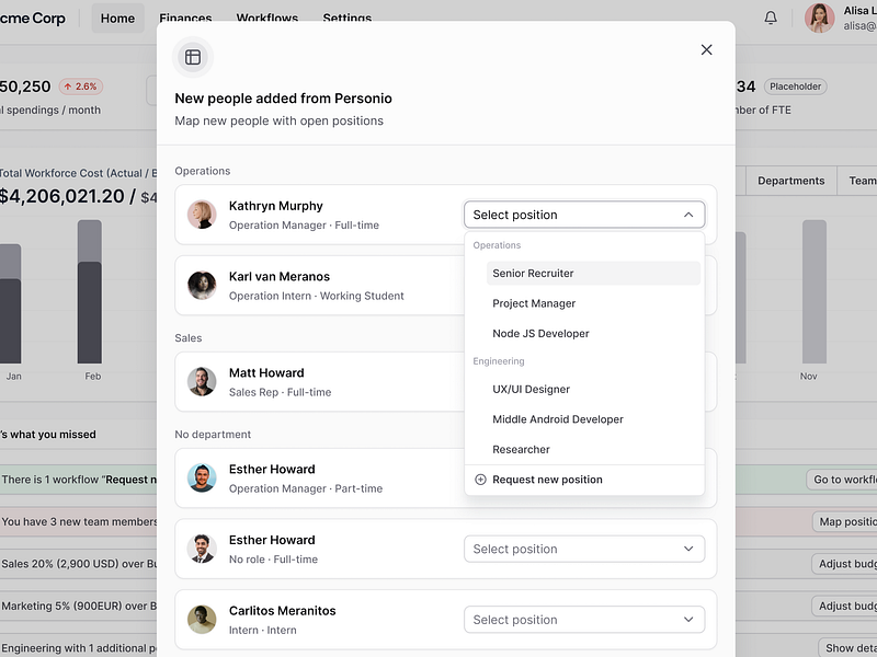 Adding people from HR tool add person add user apollo crm dropdown expenses field map field mapping finance finance management gusto headcount hr hr tool hubspot lusha modal outreach personio salesforce
