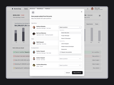 Adding people from HR tool add person add user apollo crm dropdown expenses field map field mapping finance finance management gusto headcount hr hr tool hubspot lusha modal outreach personio salesforce